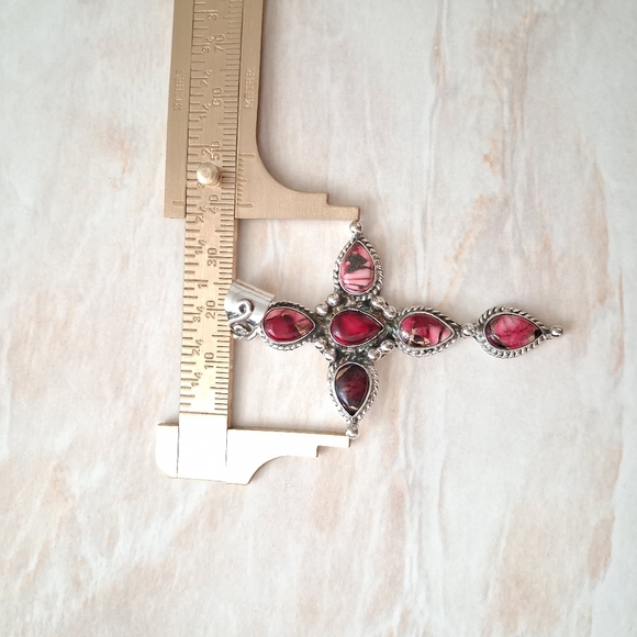 Artisan Handmade Red Rose Dahlia Turquoise 925 Sterling Silver Cross Pendant - Picture 5 of 5